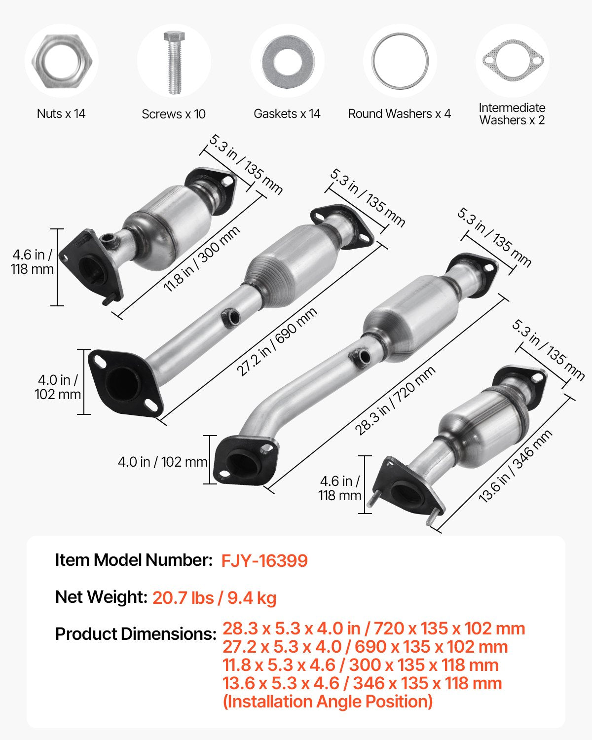 Catalytic Converter, Compatible with Nissan Frontier NV1500 NV2500 NV3500 Pathfinder Xterra/Suzuki Equator, 4.0L V6, Front, Left, Rear, Right, Replacement OE 16399, for Exhaust Gas Purification