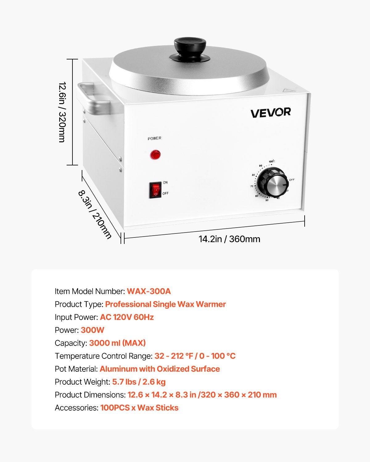 Single Pot Wax Warmer, 3000ML 300W Professional Wax Warmer for Hair Removal, 32 ℉ - 212℉ Adjustable Electric Waxing Heater with 100PCS Waxing Sticks for Home Use, Beauty Salon, Spa
