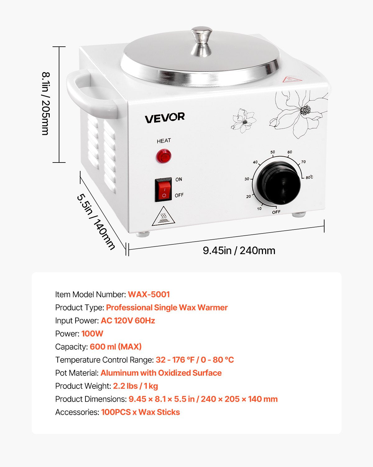 Single Wax Warmer, 600ML Professional Wax Warmer for Hair Removal, 32 ℉ to 176℉ Adjustable Electric Waxing Heater Pot with 100PCS Waxing Sticks for Home Use, Beauty Salon, Spa