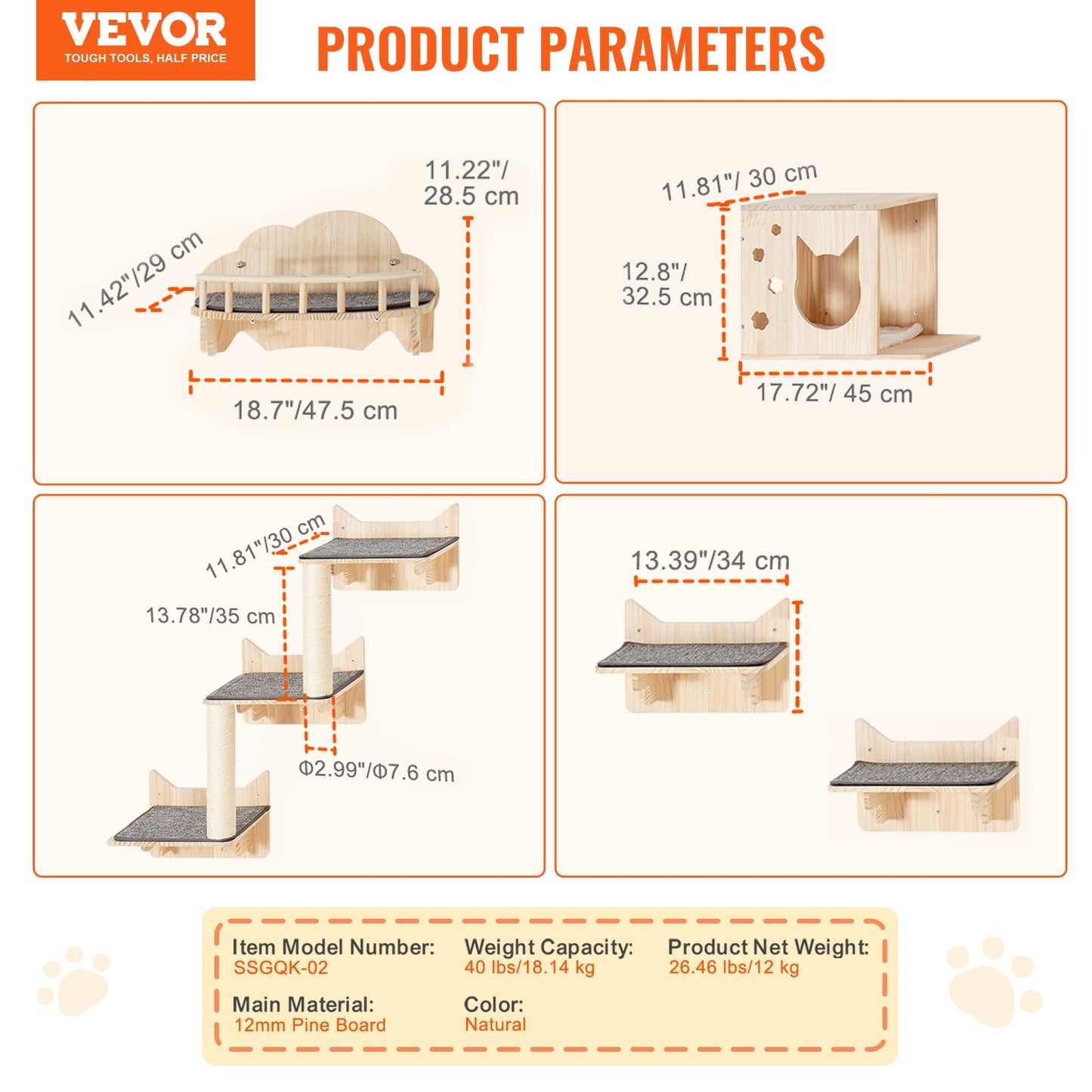 Wall Mounted Cat Shelves, Cat Wall Shelves and Perches with Jumping Boards, Nest, Barrier Board & Cat Tree, Cat Floating Furniture up to 40 lbs for Sleeping, Playing, Climbing, Set of 5