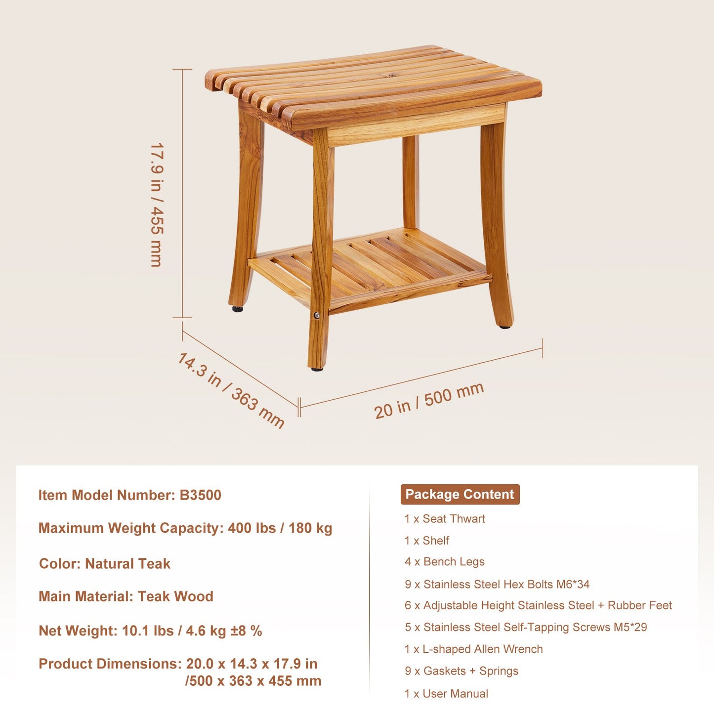 Teak Shower Bench, 20 x 14.3 x 17.9 in, Waterproof Wood Shower Stool with Storage Shelf Non-Slip Foot Pads, 400 lbs Maximum Load Capacity Shower Chair Seat, for Bathroom Indoor and Outdoor Use