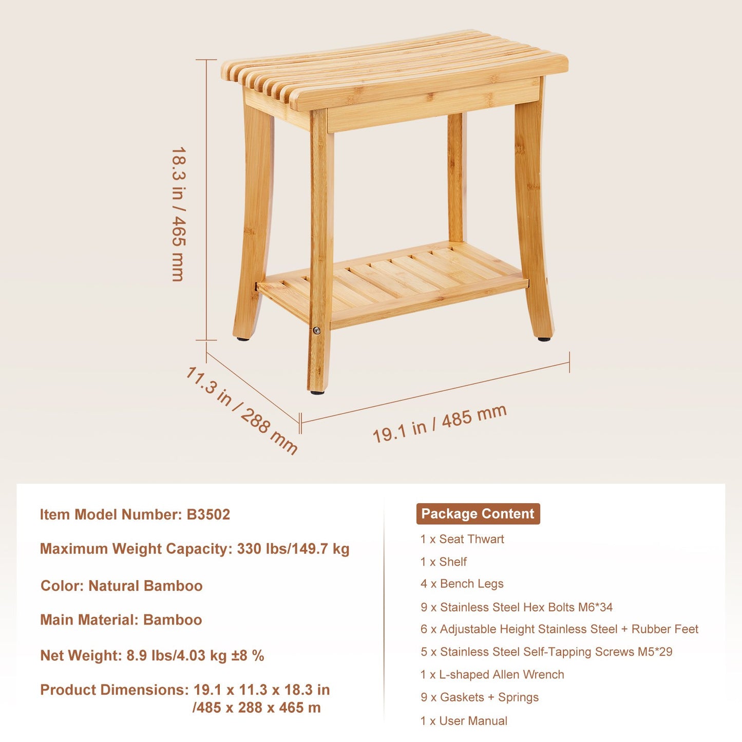 Bamboo Shower Bench, 19.1 x 11.3 x 18.3 in, Waterproof Shower Stool Chair with Storage Shelf, 330lbs Load Capacity Spa Bath Seat Organizer, for Adults Seniors Women Elderly Indoor Outdoor