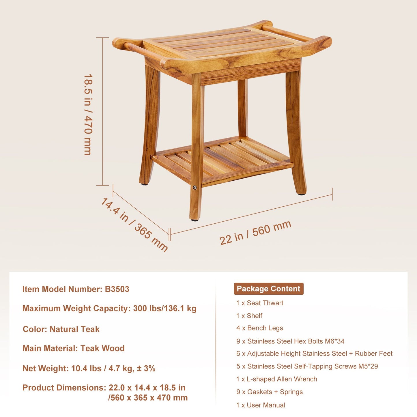 Teak Shower Bench, 22 x 14.4 x 18.5 in, Waterproof Wood Shower Stool with Storage Shelf Handle Non-Slip Feet, 300 lbs Maximum Load Capacity Shower Chair Seat, for Bathroom Indoor and Outdoor Use