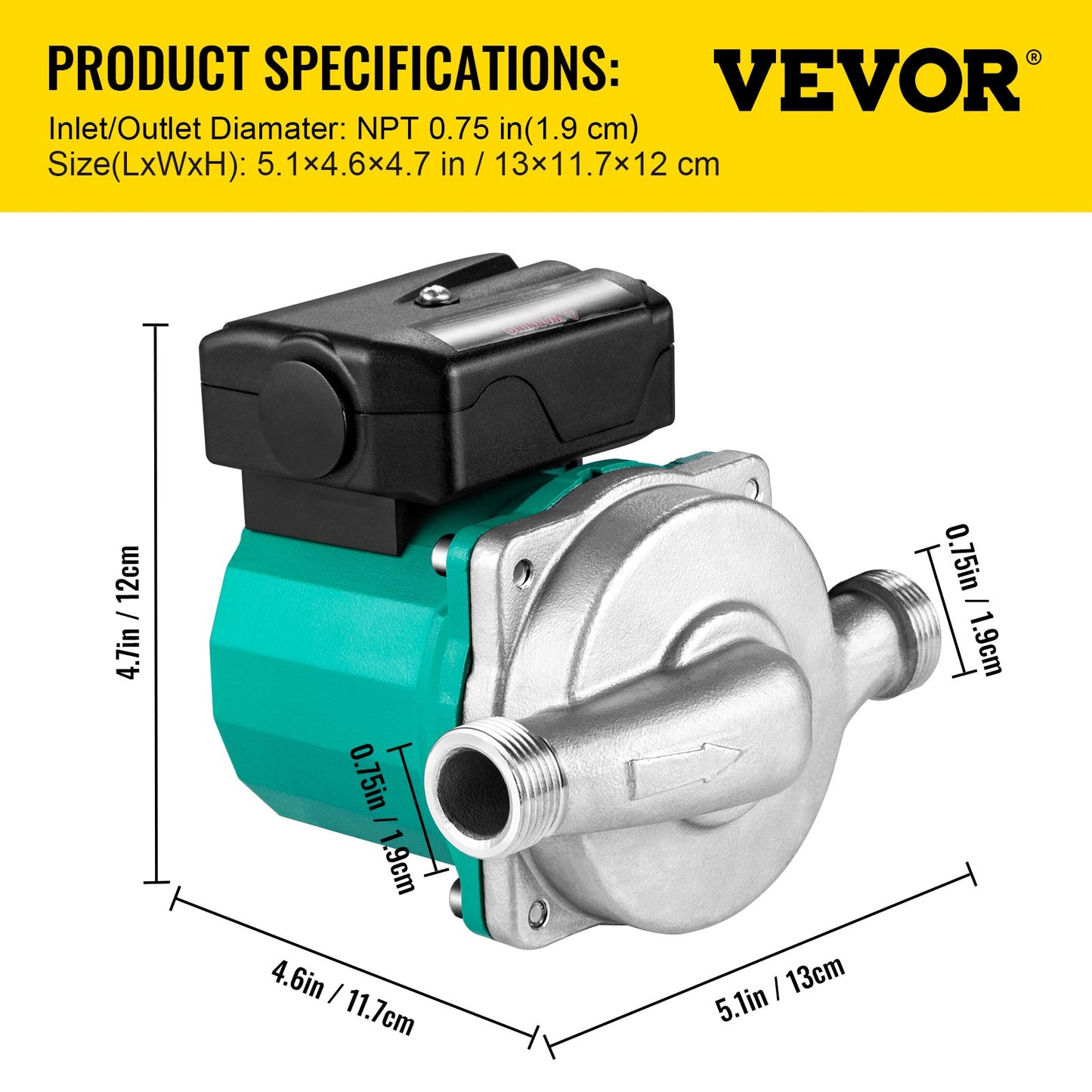 Hot Water Recirculating Pump, 93W, 110V Water Circulator Pump, Circulation Pump, 3/4″ G Thread to 1/2″ NPT Brass Adapter, Stainless Steel Head, 3 Speed Control for Electric Water Heater System