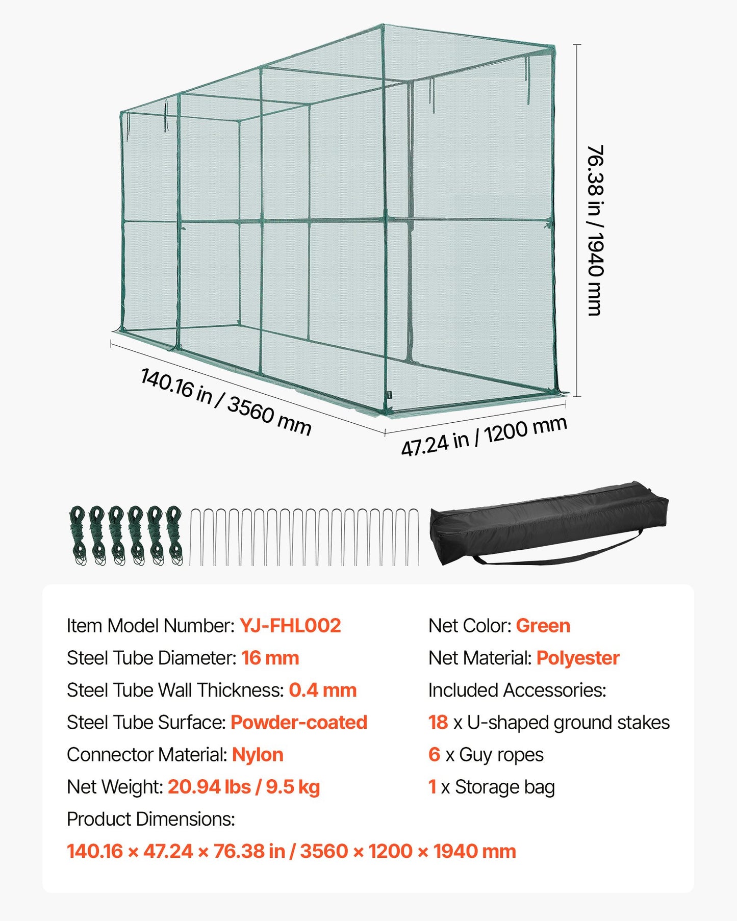 Crop Cage, 11.6 x 3.9 x 6.3 ft Plant Protection Tent with Zippered Door, Wind-Resistant Tall Crop Cage, Easy to Install, Outdoor Raised Bed Cover, Tomato Plant Netting for Garden Patio Lawn