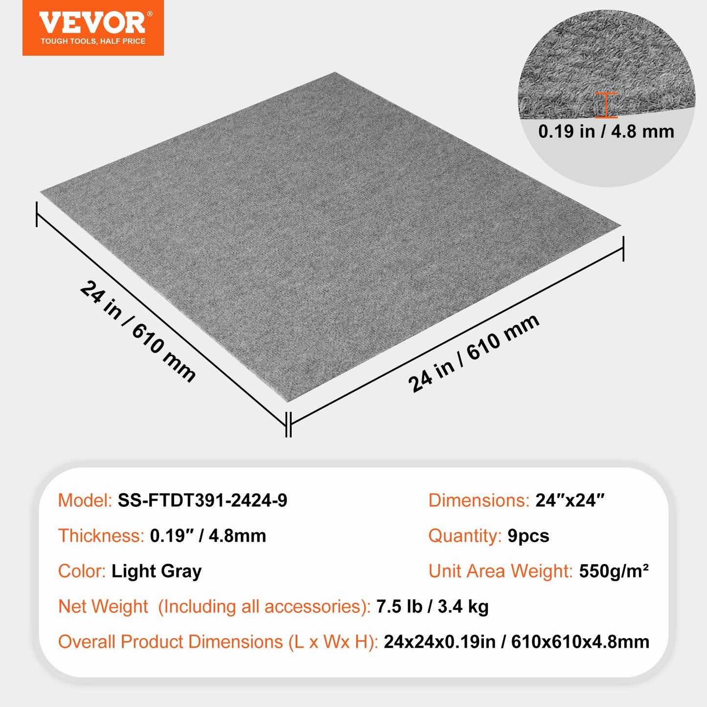 Carpet Tiles Peel and Stick, 24” x 24” Squares Self Adhesive Carpet Floor Tile, Soft Padded Carpet Tiles, Easy Install DIY for Bedroom Living Room Indoor Outdoor (9Tiles, Light Gray)