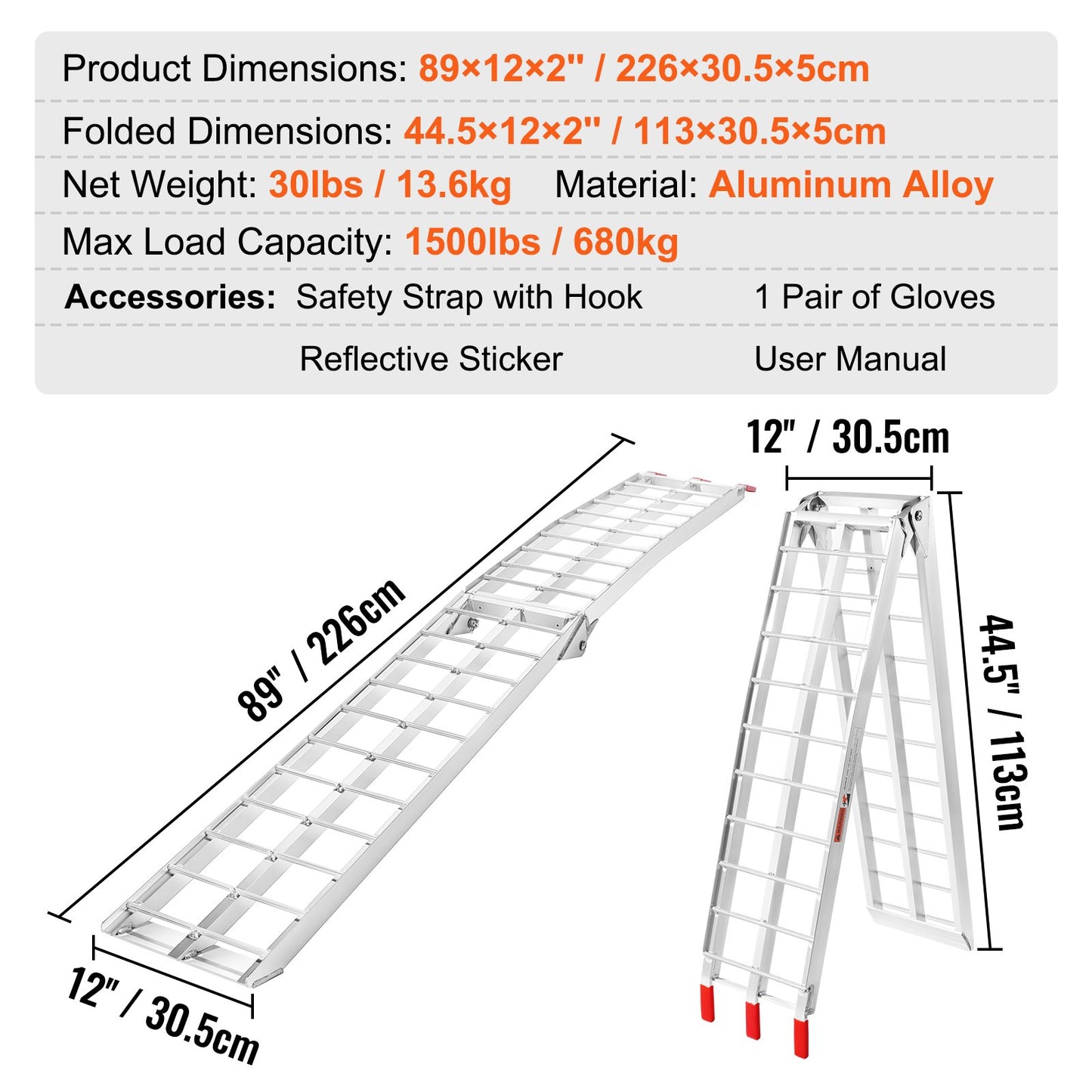 Aluminum Ramps, 1500 lbs Folding Loading Ramps for Pickup Trucks Bed, Trailers Ramp with Load Straps for Dirt Bike, UTV, ATV, Trucks, Lawn Mowers, Snowblower, Cargo Trailer, 89"L x 12"W, 2 Pcs