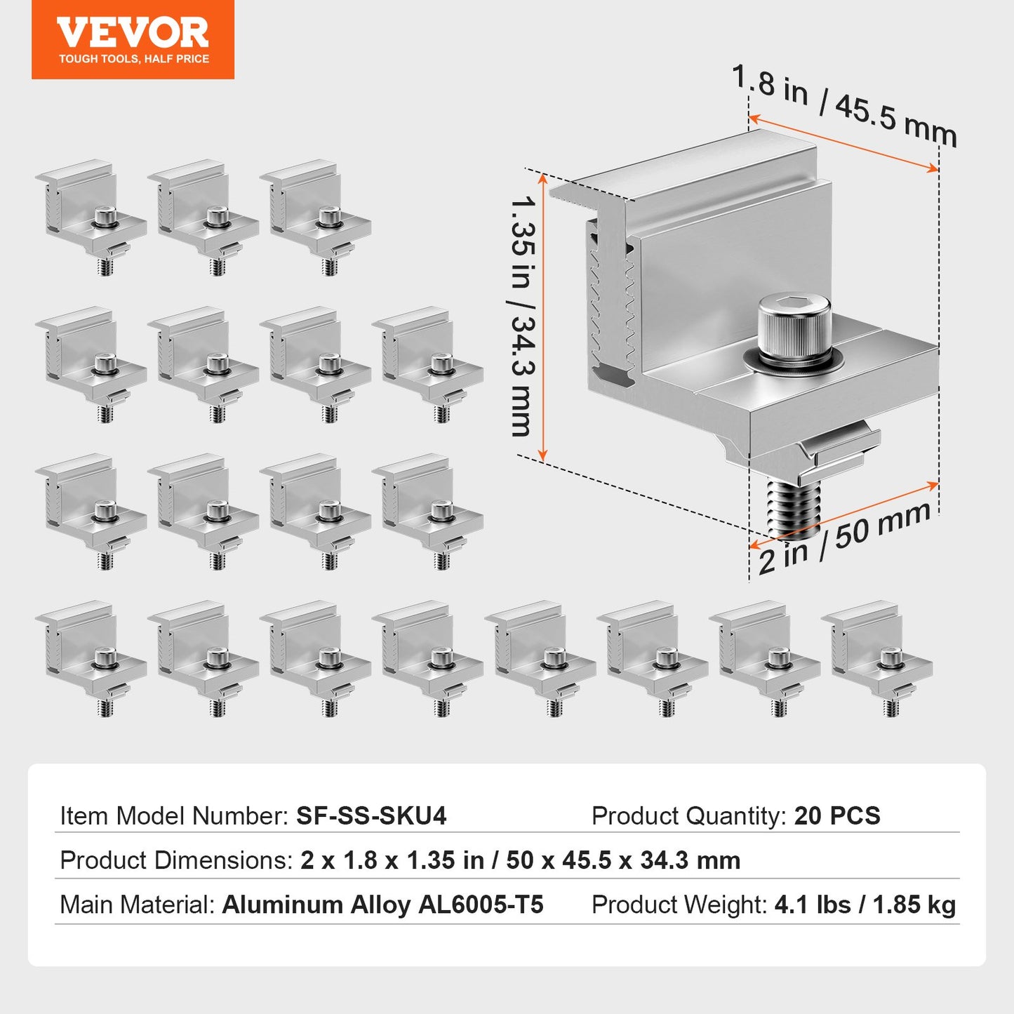Solar Panel Z Mounting Brackets, 35-50mm Adjustable Solar Panel End Clamps, Lightweight Anodized Aluminum Solar Panel Mount Z Brackets for RVs, Campers, Boats, Walls, Roof (20 PCS)