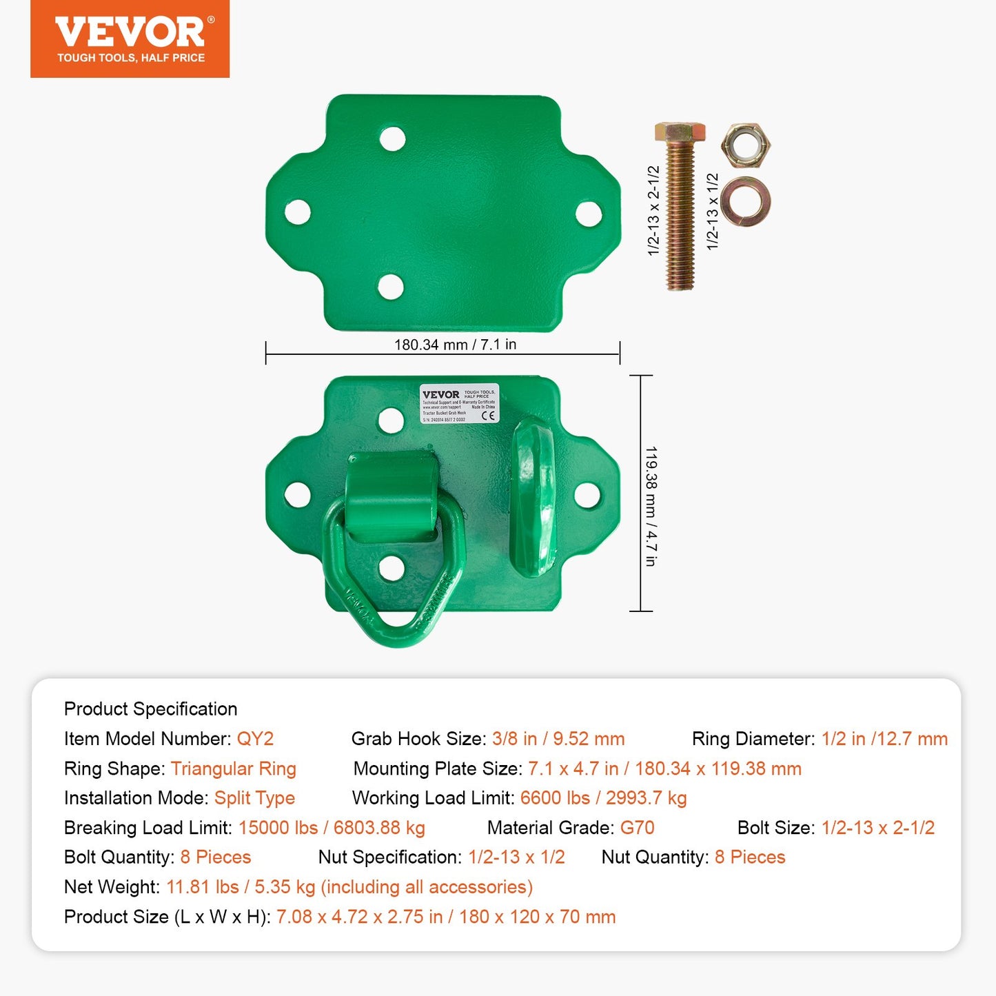 3/8" Tractor Bucket Hooks with Tie Down Ring, Grade 70 Forged Steel 2 Pack Bolt-On Grab Hook with Back Plates Compatible for Tractor Bucket RV UTV Truck Maximum Break Strength 15,000 lbs, Green