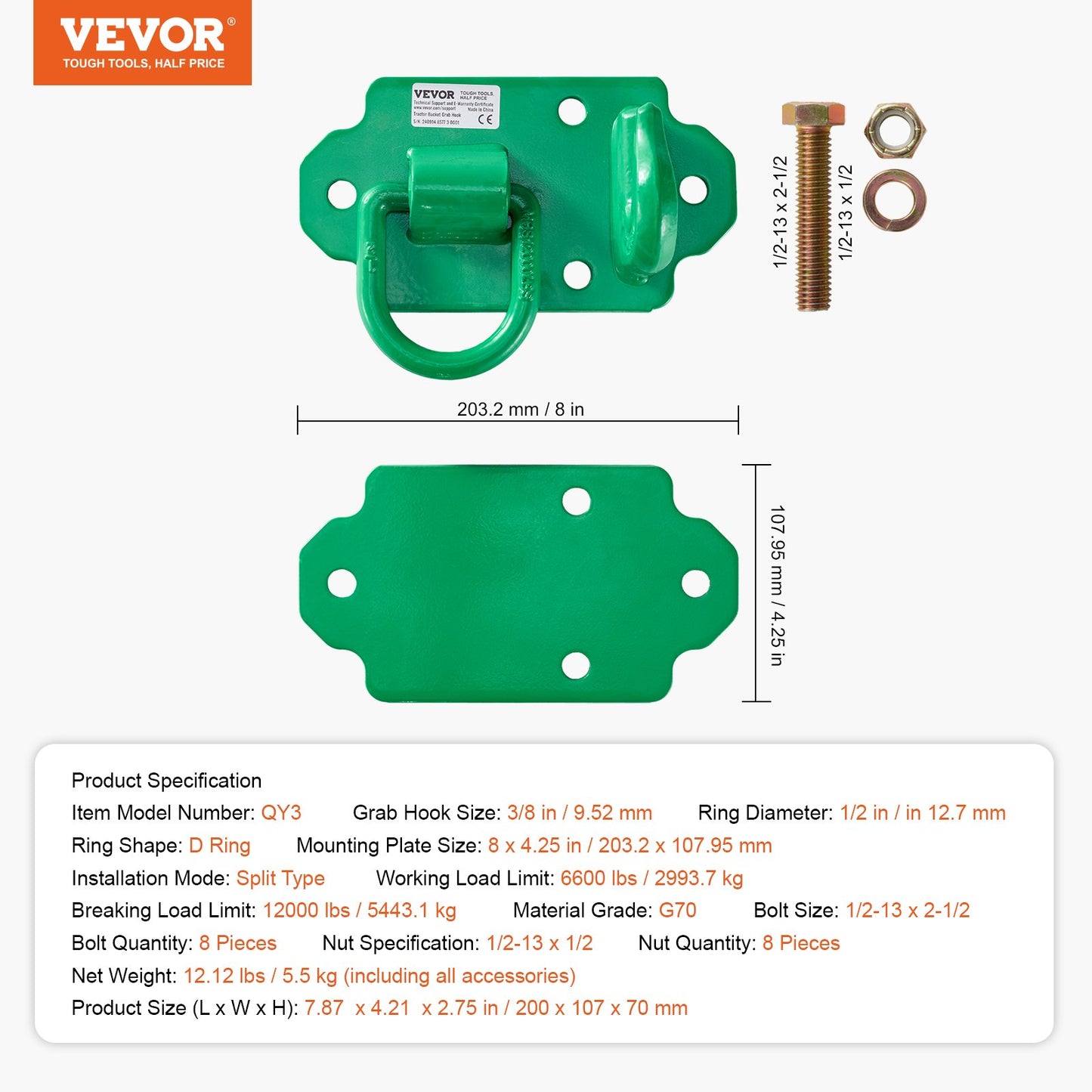 3/8" Tractor Bucket Hooks with Tie Down Ring, Grade 70 Forged Steel 2 Pack Bolt-On Grab Hook with Back Plates Work Well for Tractor Bucket RV UTV Truck Maximum Break Strength 15,000 lbs, Green