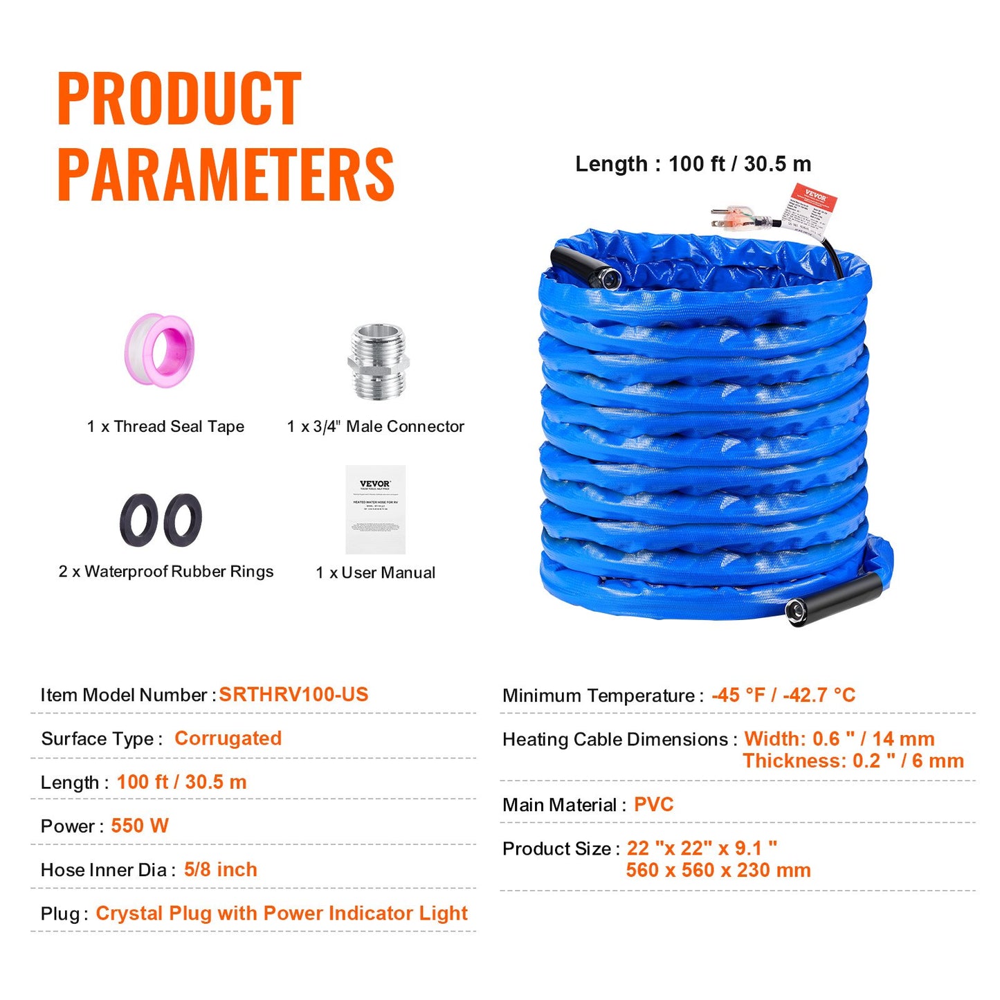 100ft Heated Water Hose for RV, Heated Drinking Water Hose with Corrugated Cover Antifreeze to -45°F, Automatic Self-regulating, 5/8" I.D. with 3/4" GHT Adapter, Lead and BPA Free