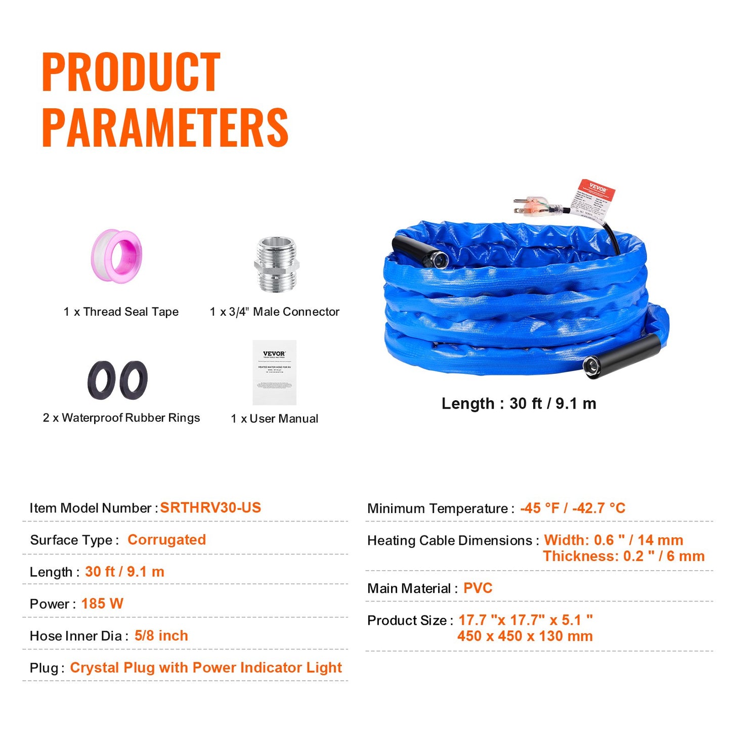 30ft Heated Water Hose for RV, Heated Drinking Water Hose with Corrugated Cover Antifreeze to -45°F, Automatic Self-regulating, 5/8" I.D. with 3/4" GHT Adapter, Lead and BPA Free