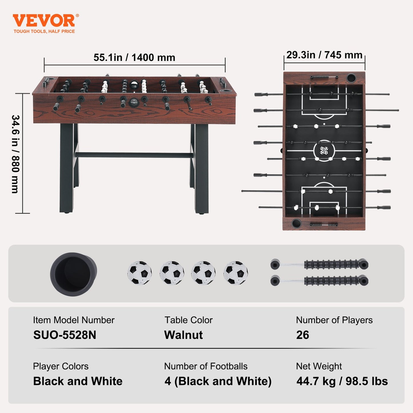 Foosball Table, 55 inch Standard Size Foosball Table, Indoor Full Size Foosball Table for Home, Family, and Game Room, Soccer with Foosball Table Set, Includes 4 Balls and 2 Cup Holders