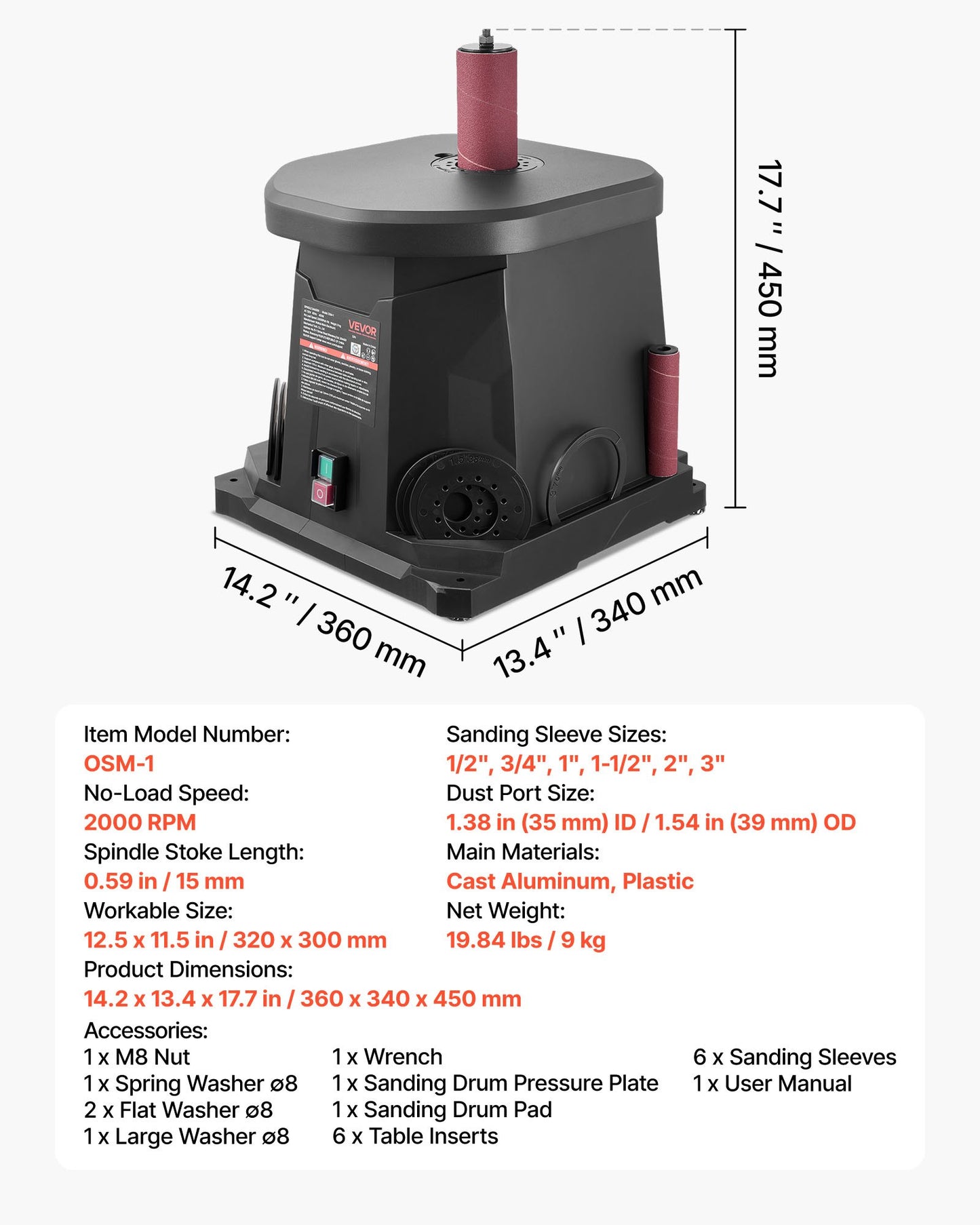 Oscillating Spindle Sander, 2000RPM Benchtop Spindle Sander with 6 Sleeves (1/2"-3"), 0.59" Stroke & Dust Connection Port for Furniture Finishing, Crafts Sanding, DIY Woodworking