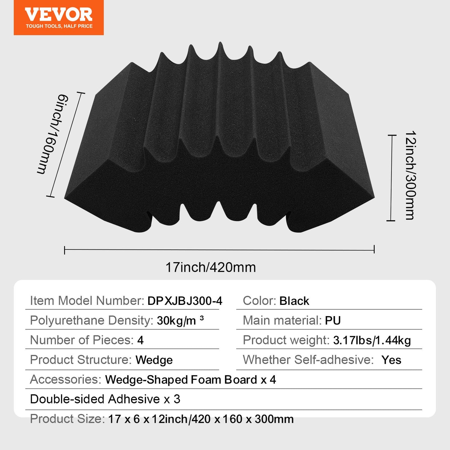 Acoustic Foam Panels, 4 Pack 16.5 x 6.3 x 12 inches, Adhesive High Density Soundproof Wall Panels,Fire-Resistant Acoustic Panel,Sound Dampening Absorbing Panel for Studio Wall and Ceiling,Black