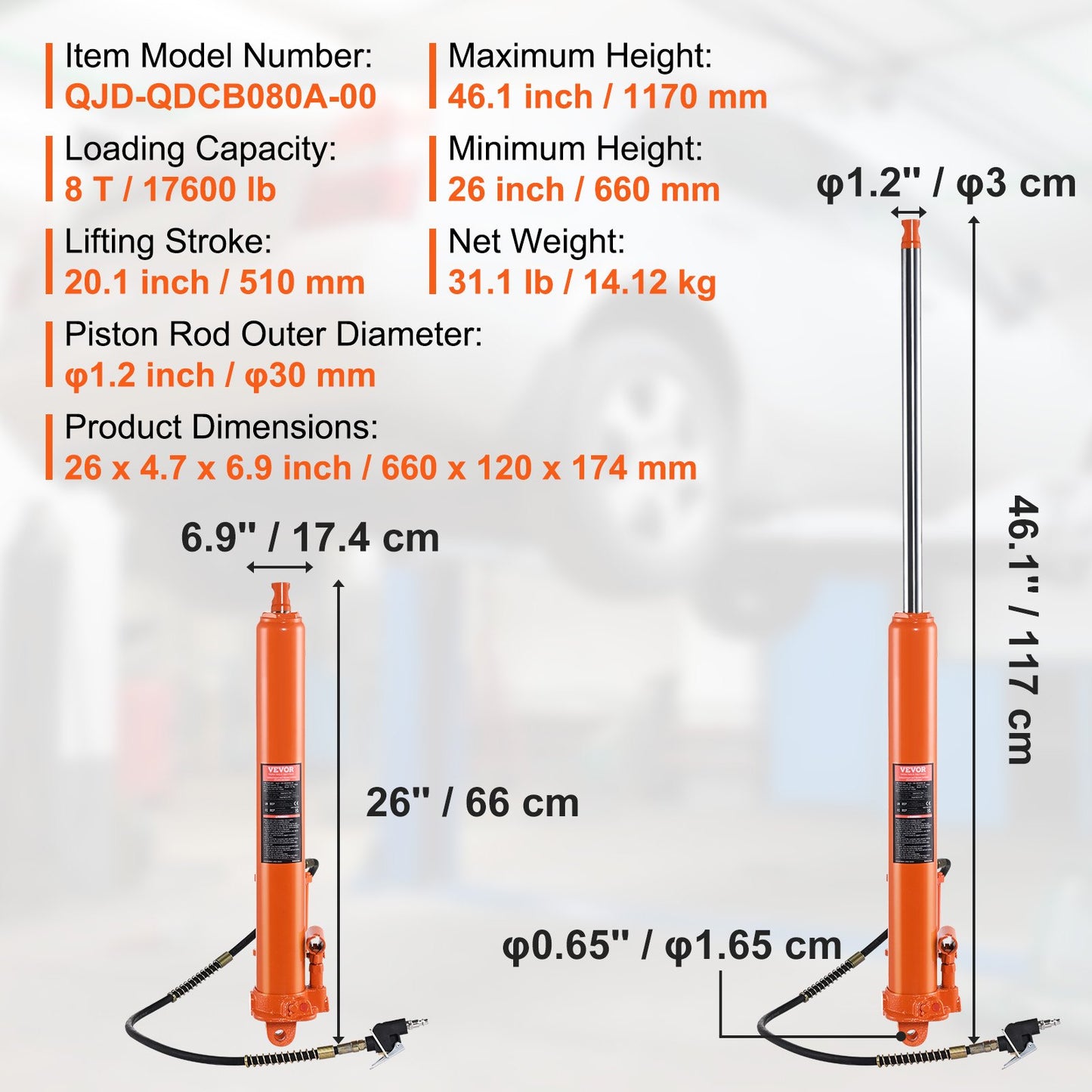 Hydraulic Long Ram Jack, 8 Ton Engine Hoist Cylinder with Air Pump and Single Piston Pump, Hydraulic Ram Cylinder Clevis Base for Engine Lift Hoists, Garage/Shop Cranes, Mechanical, Farm