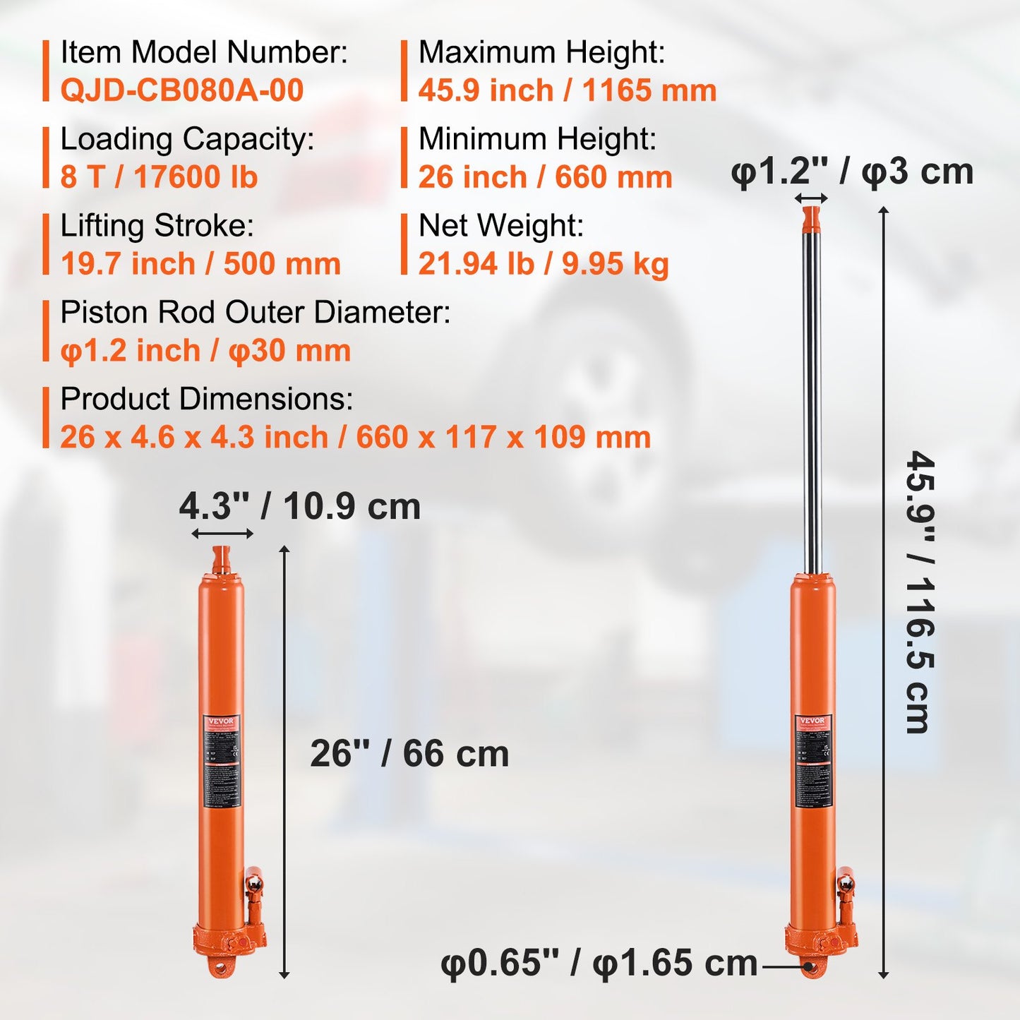 Hydraulic Long Ram Jack, 8 Ton Engine Hoist Cylinder with Single Piston Pump And Clevis Base, Hydraulic Ram Cylinder for Engine Lift Hoists, Hydraulic Garage/Shop Cranes, Mechanical, Farm