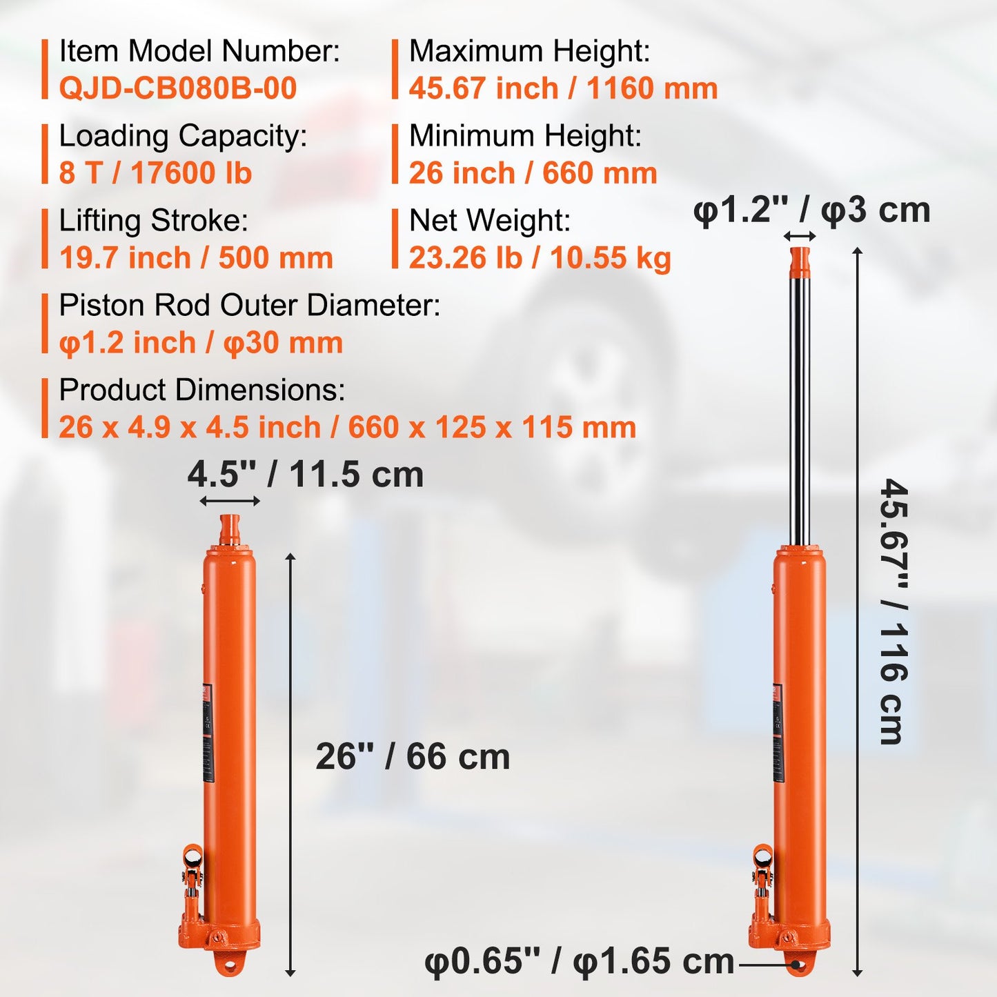 Hydraulic Long Ram Jack, 8 Ton Engine Hoist Cylinder with Double Piston Pump And Clevis Base, Hydraulic Ram Cylinder for Engine Lift Hoists, Hydraulic Garage/Shop Cranes, Mechanical, Farm