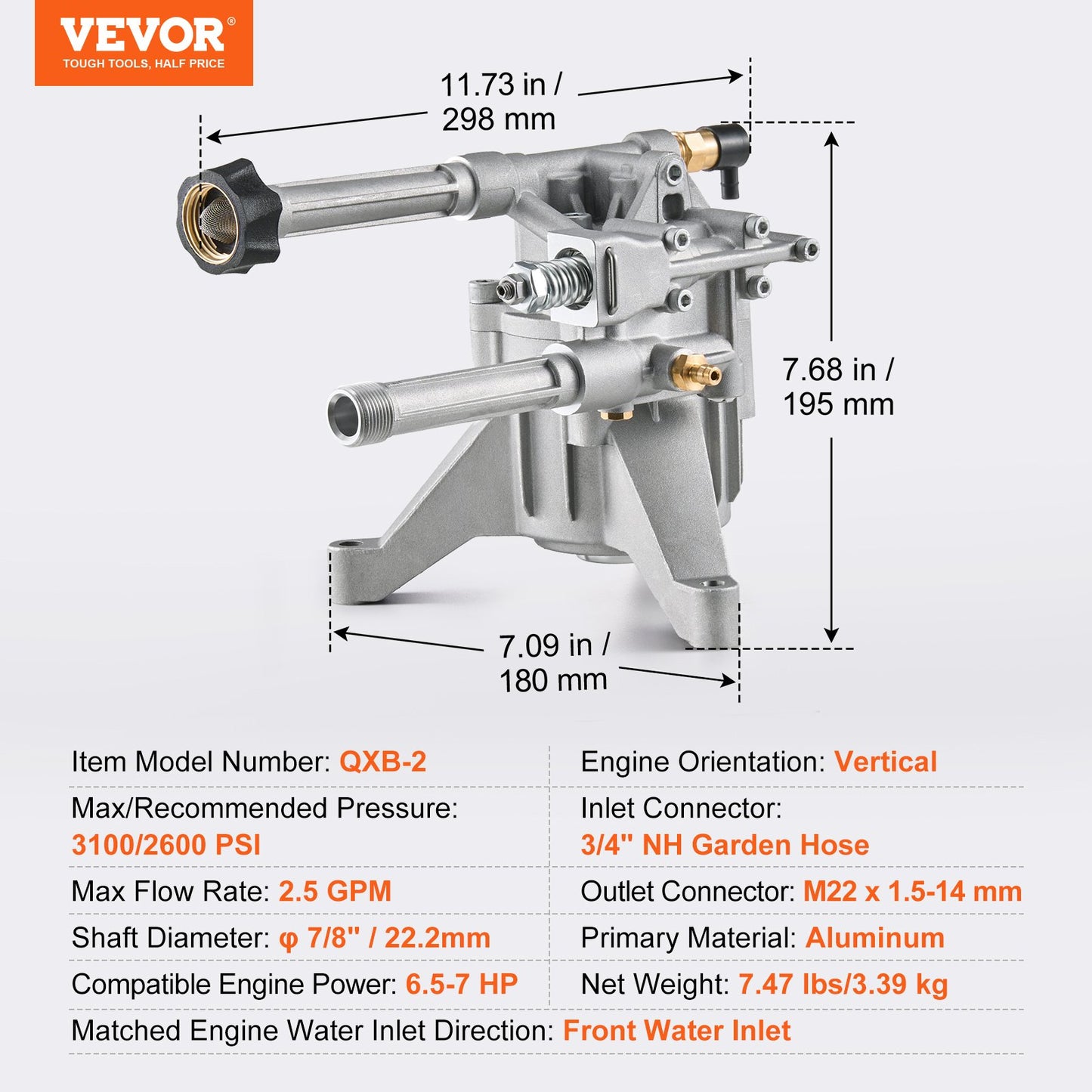 Pressure Washer Pump, 7/8" Shaft Vertical, 3100 PSI, 2.5GPM, Replacement Power Washer Pumps Kit with 5 Nozzles, Compatible with Briggs & Stratton, Generac, Devilbiss, Troy Bilt, Honda, Craftsman