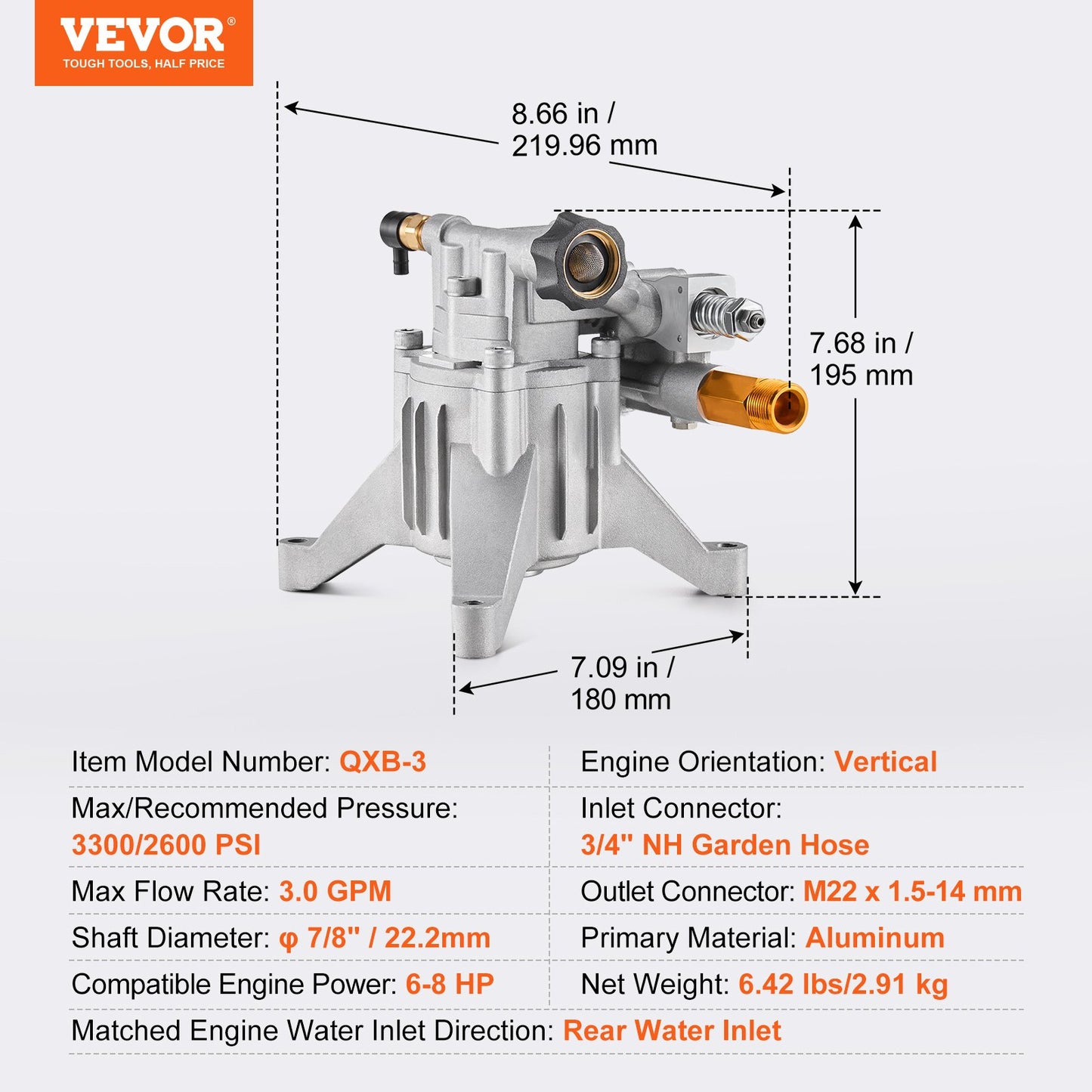 Pressure Washer Pump, 7/8" Shaft Vertical, 3300 PSI, 3.0GPM, Replacement Power Washer Pumps Kit with 5 Nozzles, Hardware and Siphon Tube, Compatible with RYOBI, Honda, Briggs and Stratton