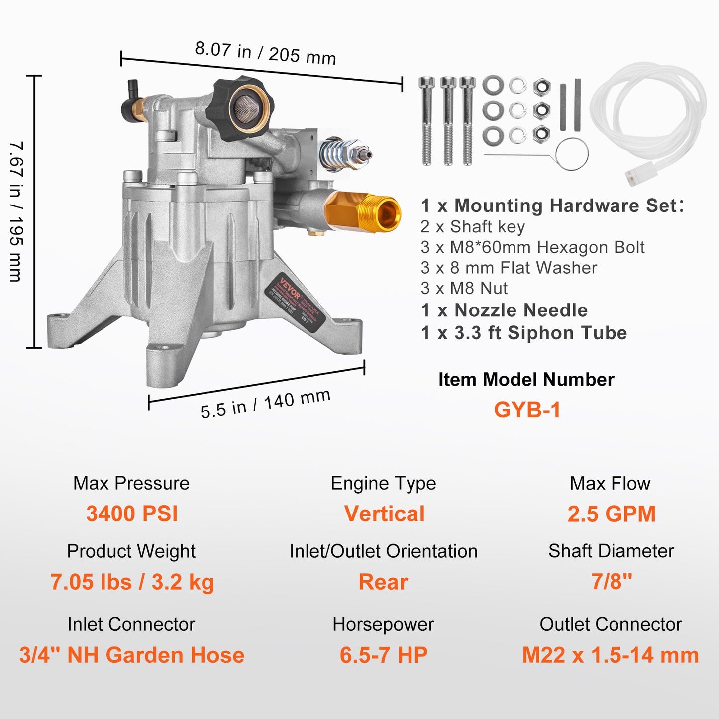 Pressure Washer Pump, 7/8" Shaft Vertical, 3400 PSI, 2.5 GPM, Replacement Power Washer Pumps Kit, Parts Washer Pump, Compatible with Honda, Simpson, RYOBI, Briggs & Stratton, Subaru, Craftsman