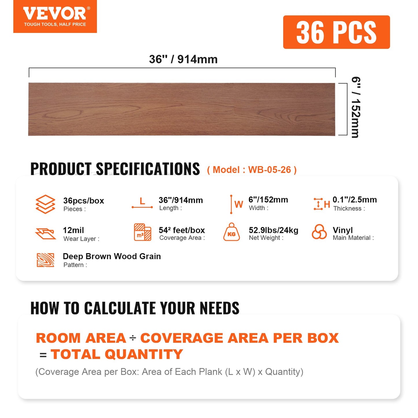 Self Adhesive Vinyl Floor Tiles 36 x 6 inch, 36 Tiles 2.5mm Thick Peel & Stick, Deep Brown Wood Grain DIY Flooring for Kitchen, Dining Room, Bedrooms & Bathrooms, Easy for Home Decor