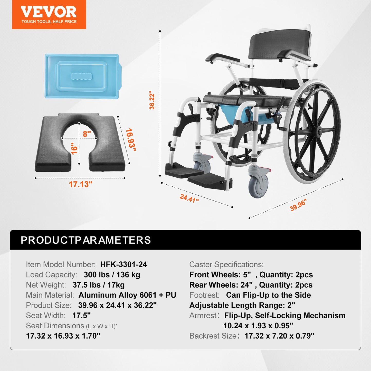 Shower Wheelchair, 17.5in Width Aluminum Alloy Bathroom Wheelchair for Inside Shower, Adjustable Rolling Shower Chair w/ Brake for Disabled Adult, 300 lbs Capacity Shower Commode Transport Chair