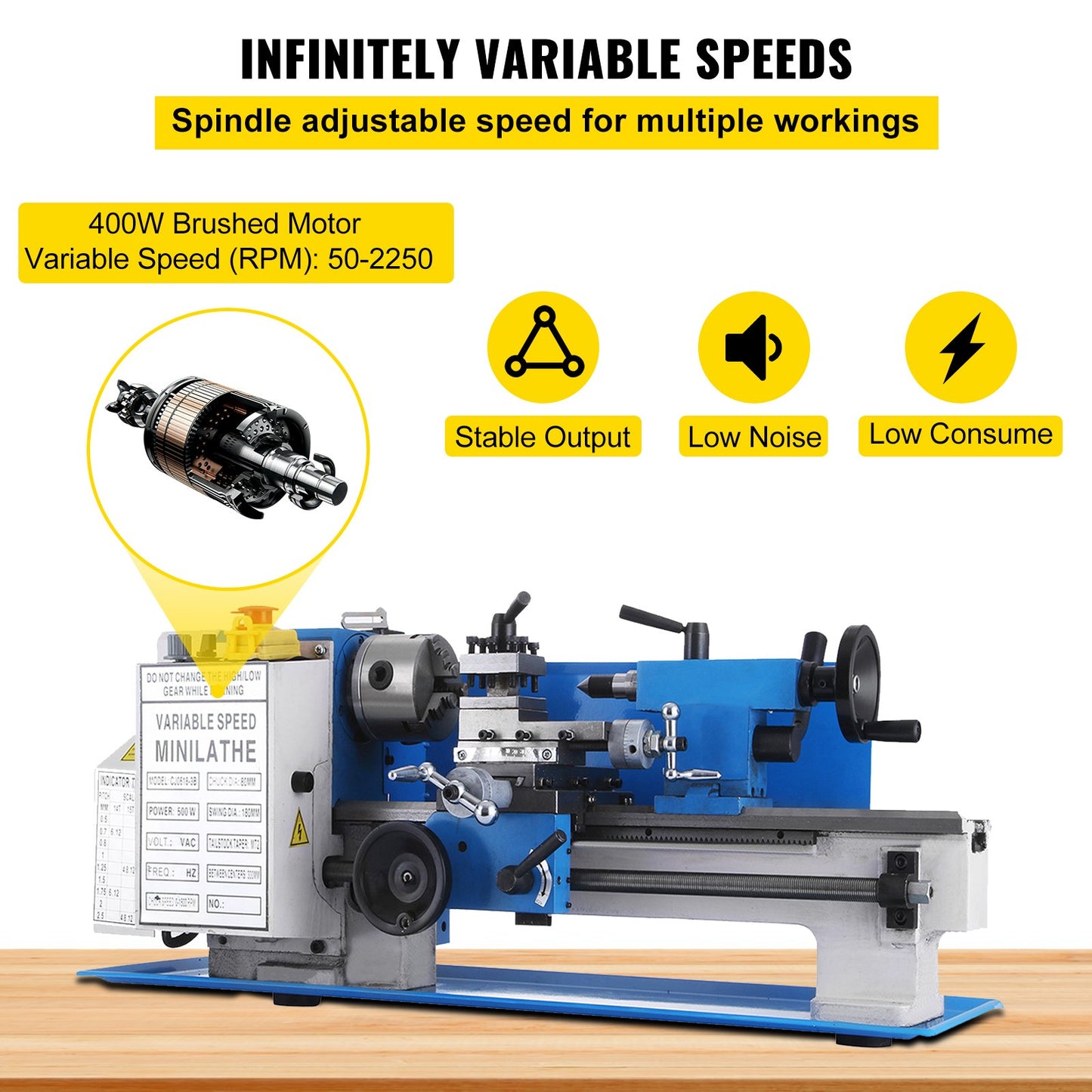 7x12" 400W Precision Mini Metal Lathe Variable Speed 2250RPM