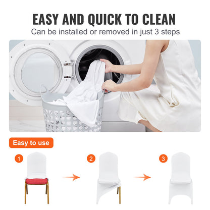 Stretch Spandex Folding Chair Covers, Universal Fitted Arched Front Cover, Removable Washable Protective Slipcovers, for Wedding, Holiday, Banquet, Party, Celebration, Dining (100PCS White)