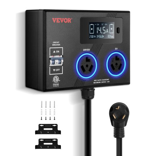 NEMA Splitter for Dryer and EV, 3-Color LED Indicator, 240V Smart Power Distribution, With NEMA 10-30 Plug, Two NEMA 10-30 Outlets, 3.4 in LCD Screen, Max 24A Dryer EV, Tested to ETL Standard