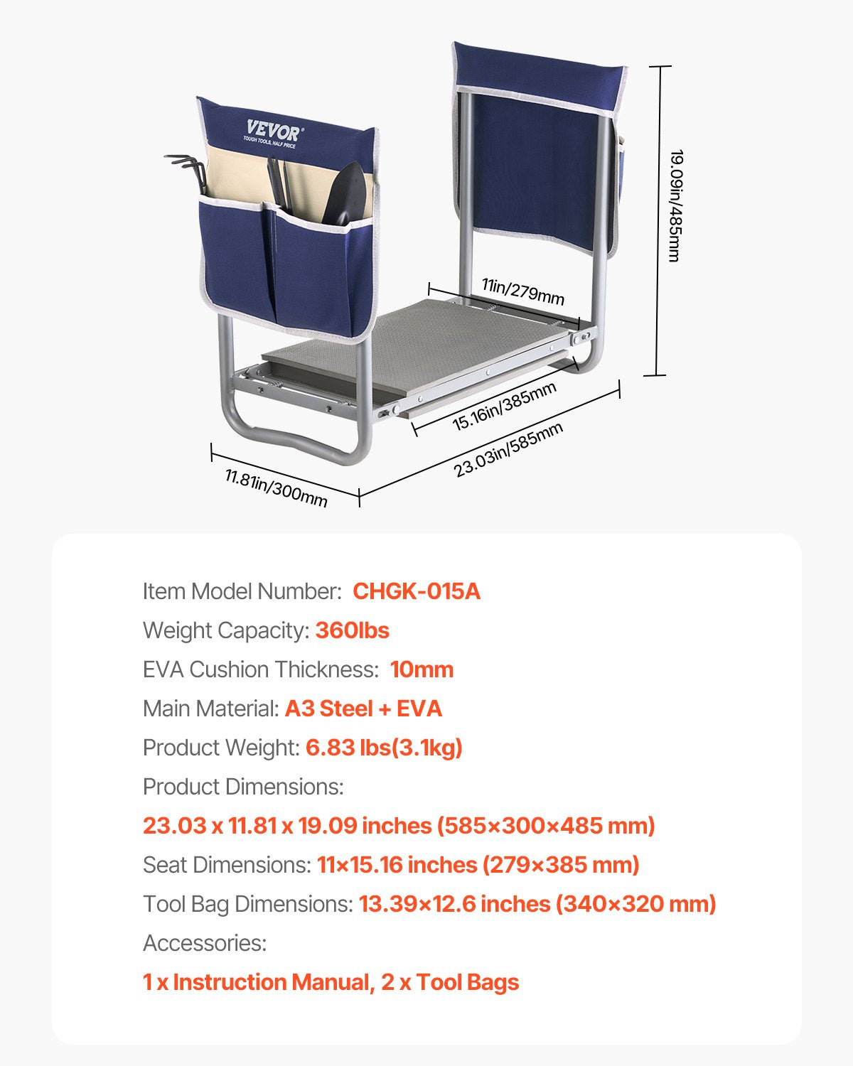 Garden Kneeler and Seat, 11 in Wide Kneeling Pad, Heavy Duty Garden Kneeling Stool, Folding Garden Seat with 2 Tool Bags, Relieve Knee & Back Pain, Non-Slip Garden Bench for Women Grandparents
