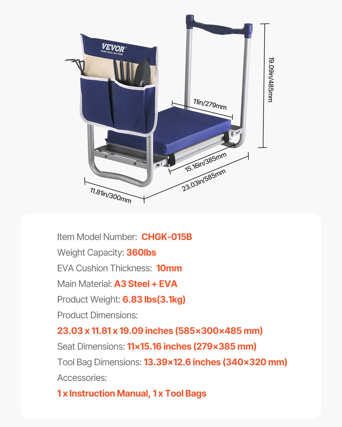Garden Kneeler and Seat, 11 in Wide Thick Kneeling Pad, Heavy Duty Garden Kneeling Stool, Folding Garden Seat with 1 Tool Bag, Relieve Knee & Back Pain, Non-Slip Garden Bench for Grandparents