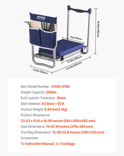 Garden Kneeler and Seat, 11 in Wide Thick Kneeling Pad, Heavy Duty Garden Kneeling Stool, Folding Garden Seat with 1 Tool Bag, Relieve Knee & Back Pain, Non-Slip Garden Bench for Grandparents