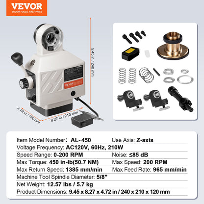 Z-Axis Power Feed for Milling Machine, 450 in-lb Torque, 0-200RPM Adjustable Rotate Speed 120V Power Table Feed Mill Feeder, for Bridgeport Some Knee Type Mills with a 5/8" End Shaft Diameter