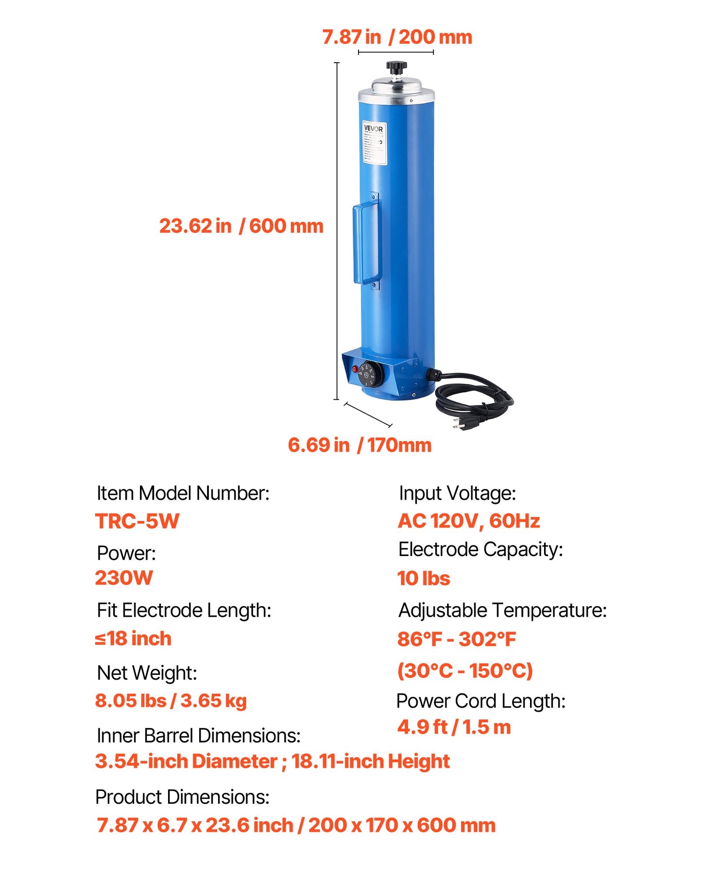 Portable Welding Rod Oven, 10LBS Capacity Electrodes Drying Oven 230W 120V, 86℉ to 302℉ Adjustable Welding Rods Dryer for 18-inch Stick Electrodes - with Easy-to-Carry Side Handle