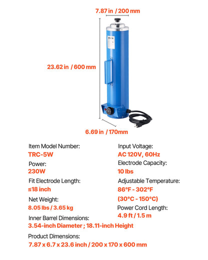 Portable Welding Rod Oven, 10LBS Capacity Electrodes Drying Oven 230W 120V, 86℉ to 302℉ Adjustable Welding Rods Dryer for 18-inch Stick Electrodes - with Easy-to-Carry Side Handle