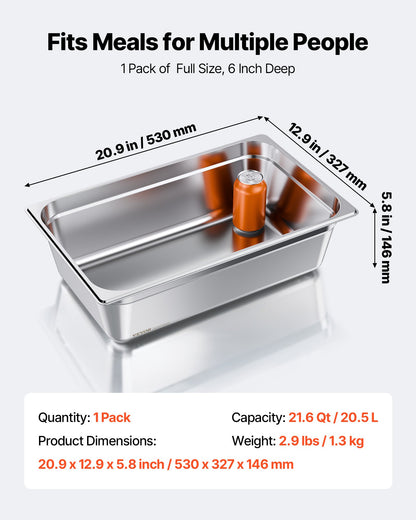 1 Pack Stainless Steam Hotel Pan, Full Size Table Steam Pan, 6 Inch Deep Anti Jam Restaurant Supplies Reusable Rustproof Catering Storage for Home, Party, Restaurant, Hotel, Buffet