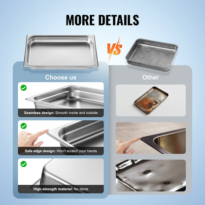 6 Pack Hotel Pans, Full Size Anti-Jam Steam Pan, 0.8mm Thick Stainless Steel Restaurant Steam Table Pan, 2.5-Inch Deep Commercial Table Pan, Catering Storage Food Pan, for Industrial & Scientifi