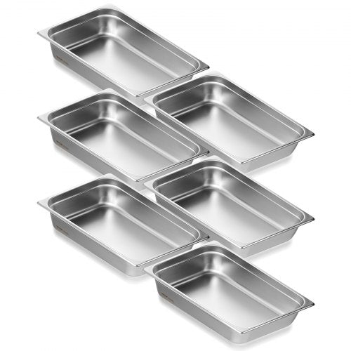 6 Pack Hotel Pans, Full Size Anti-Jam Steam Pan, 0.8mm Thick Stainless Steel Restaurant Steam Table Pan, 4-Inch Deep Commercial Table Pan, Catering Storage Food Pan, for Industrial & Scientific