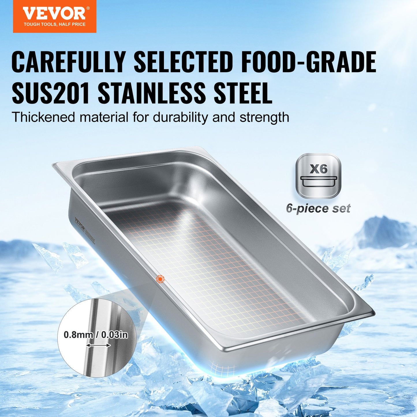 6 Pack Full Size Hotel Pans Steam Table Pan Stainless Steel 4" Deep