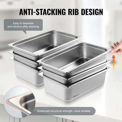 6 Pack Hotel Pans, Full Size Anti-Jam Steam Pan, 0.8mm Thick Stainless Steel Restaurant Steam Table Pan, 6-Inch Deep Commercial Table Pan, Catering Storage Food Pan, for Industrial & Scientific