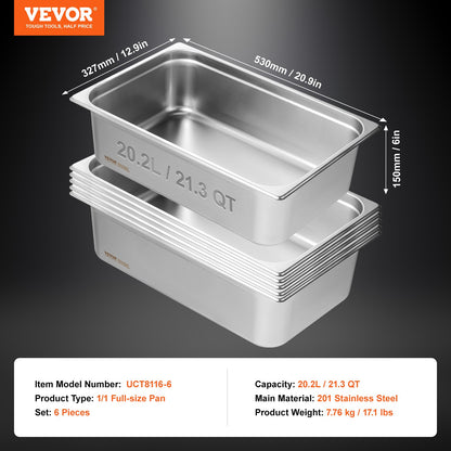 6 Pack Hotel Pans, Full Size Anti-Jam Steam Pan, 0.8mm Thick Stainless Steel Restaurant Steam Table Pan, 6-Inch Deep Commercial Table Pan, Catering Storage Food Pan, for Industrial & Scientific