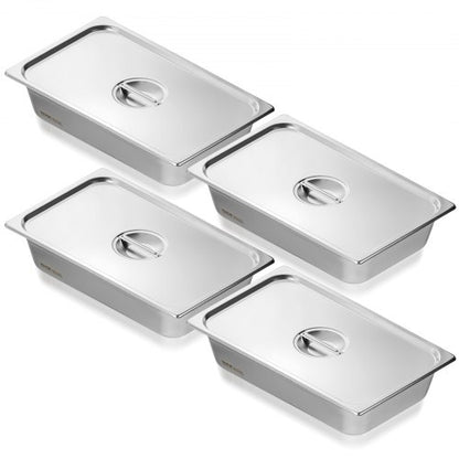 4 Pack Hotel Pans, Full Size Anti-Jam Steam Pan with Lid, 0.8mm Thick Stainless Steel Steam Table Pan, 4-Inch Deep Commercial Table Pan, Catering Storage Food Pan, for Industrial & Scientific