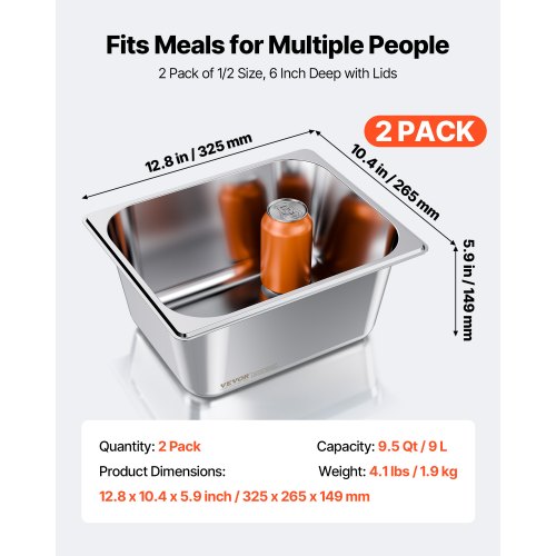 Rostfria ångpannor för hotell med lock, 1/2 storlek x 148 mm djupa, 9 l bordsångpannor, anti-sylt restaurangtillbehör återanvändbar cateringförvaring för hem, fest, restaurang, hotell, buffé, 2-pack |  EU
