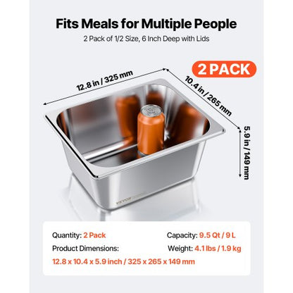 Rostfria ångpannor för hotell med lock, 1/2 storlek x 148 mm djupa, 9 l bordsångpannor, anti-sylt restaurangtillbehör återanvändbar cateringförvaring för hem, fest, restaurang, hotell, buffé, 2-pack |  EU