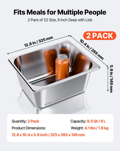 2 Pack Stainless Steam Hotel Pans, 1/2 Size Table Steam Pans With Lids, 6 Inch Deep, Anti Jam Restaurant Supplies Reusable Catering Storage for Home, Party, Restaurant, Hotel, Buffet