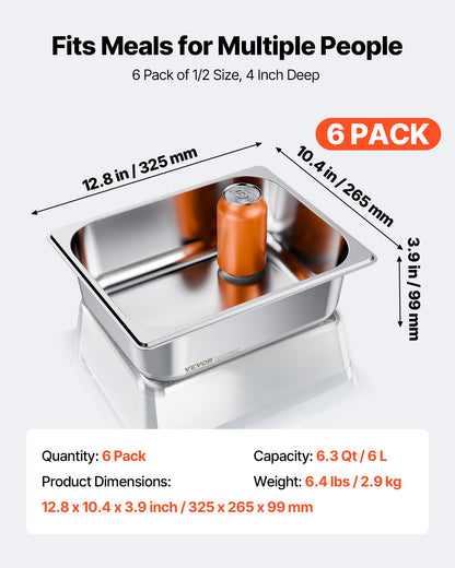 6 Pack Stainless Steam Hotel Pans, 1/2 Size Table Steam Pan, 4 Inch Deep Anti Jam Restaurant Supplies Reusable Rustproof Catering Storage for Home, Party, Restaurant, Hotel, Buffet