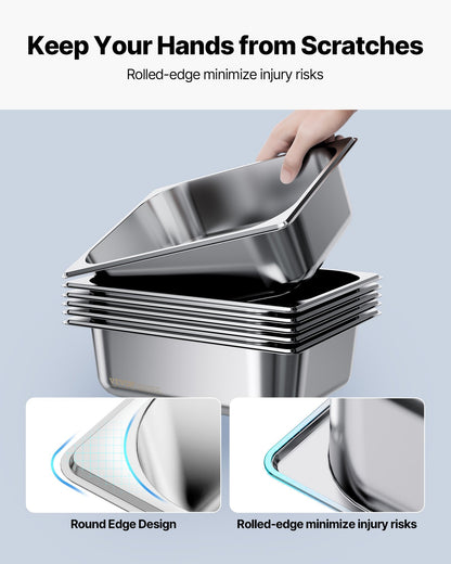 6 Pack Stainless Steam Hotel Pans, 1/2 Size Table Steam Pan, 4 Inch Deep Anti Jam Restaurant Supplies Reusable Rustproof Catering Storage for Home, Party, Restaurant, Hotel, Buffet