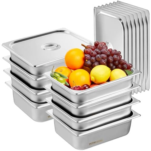 8 Pack Hotel Pans, 1/2 Size Anti-Jam Steam Pan with Lid, 0.8mm Thick Stainless Steel Steam Table Pan, 4-Inch Deep Commercial Table Pan, Catering Storage Food Pan, for Industrial & Scientific