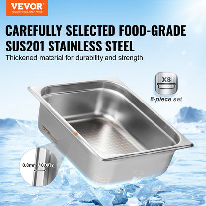 8-pack 1/2 size Hotel Pans Steamer Table Pan Stainless Steel 4" Deep Lid